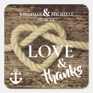 Nautical Rope and Anchor LOVE and Thanks Wedding Square Sticker