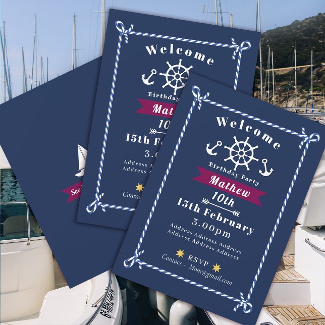Nautical Rope Birthday Navy Blue Invitation (Nautical Rope Birthday Invitation Navy Card.)