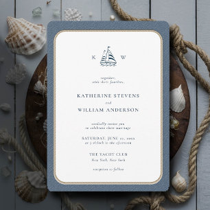 Nautical Rope Frame Blue Burlap Monograms Wedding Invitation