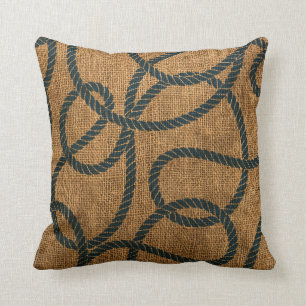 Nautical Rope in Natural with Deep Sea Blue Throw Pillow