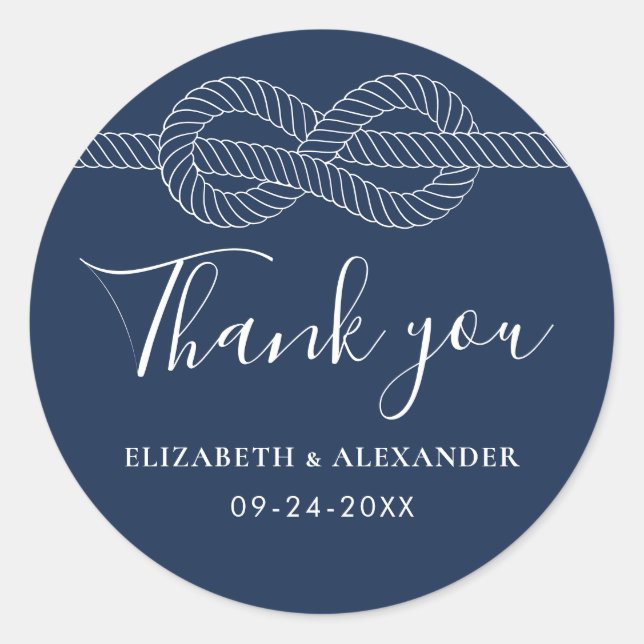 Nautical Rope Knot Thank You Wedding Navy Blue Classic Round Sticker (Front)