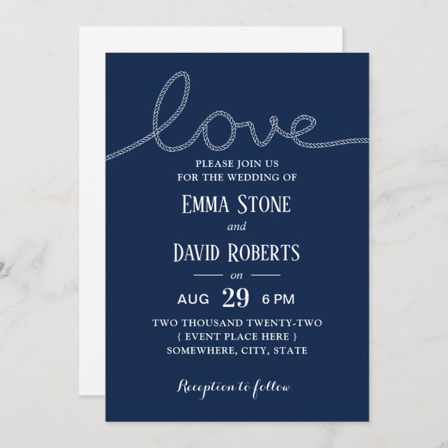 Nautical Rope Love Navy Blue Summer Wedding Invitation (Front/Back)