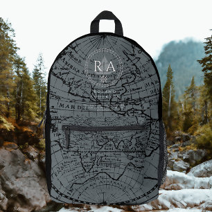 Nautical Rope Monogram Map Black Grey Printed Backpack