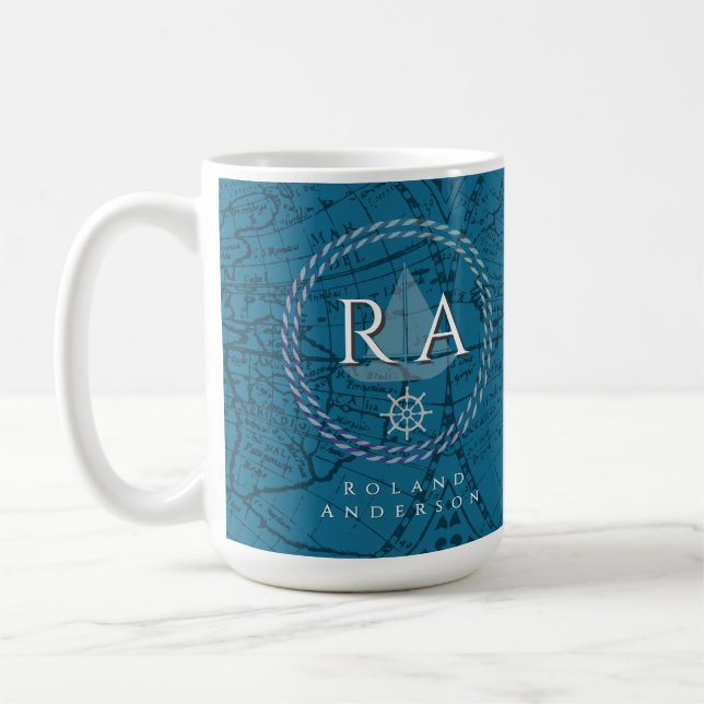 Nautical Rope Monogram Map Blue Coffee Mug (Left)