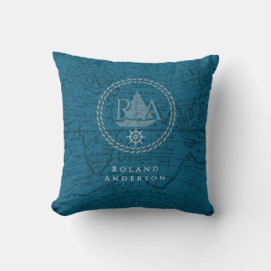 Nautical Rope Monogram Map Blue Throw Pillow