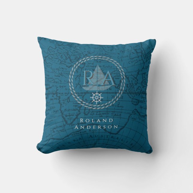 Nautical Rope Monogram Map Blue Throw Pillow (Front)