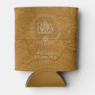 Nautical Rope Monogram Map Brown Can Cooler
