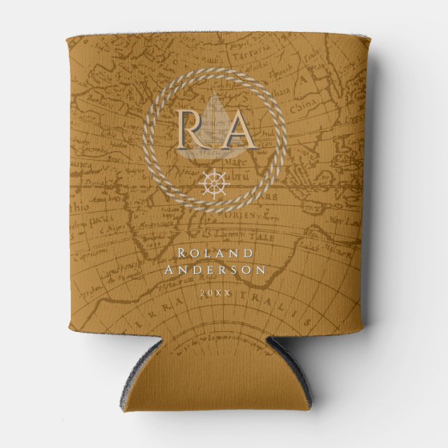 Nautical Rope Monogram Map Brown Can Cooler (Front)