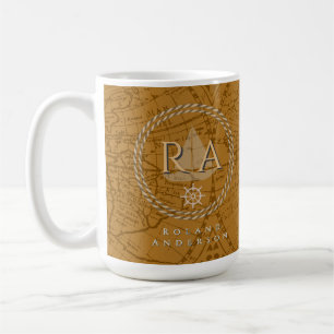 Nautical Rope Monogram Map Brown Coffee Mug