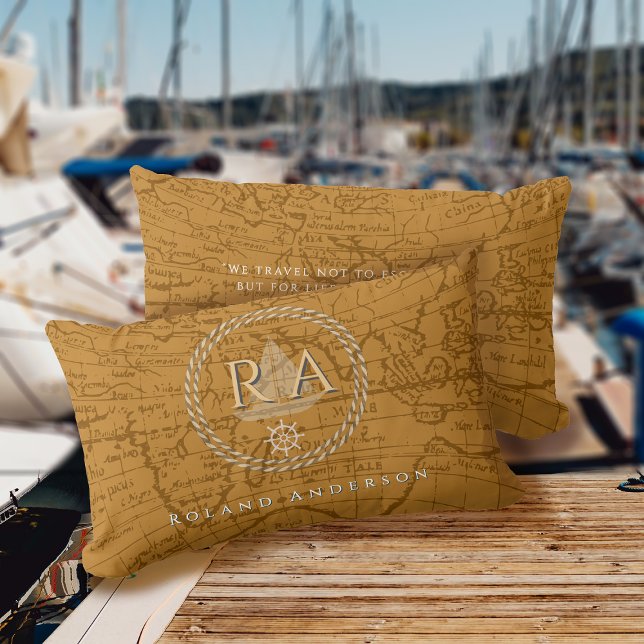 Nautical Rope Monogram Map Brown Lumbar Pillow (Nautical Map Monogram Traveller Brown Accent Pillow.)
