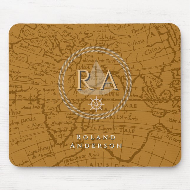 Nautical Rope Monogram Map Brown Mouse Pad (Front)