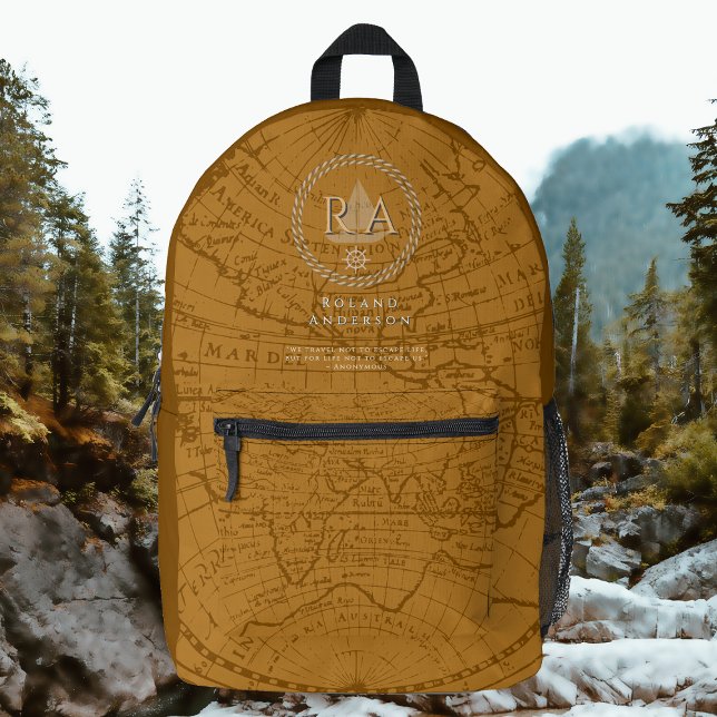 Nautical Rope Monogram Map Brown Printed Backpack (Nautical Map Monogram Traveller Brown Backpack.)