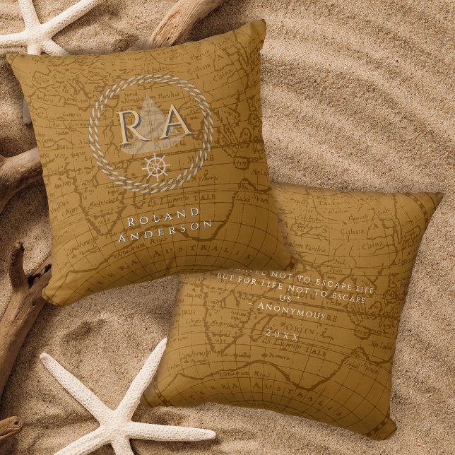 Nautical Rope Monogram Map Brown Throw Pillow (Nautical Rope Monogram Map Brown Throw Pillow)