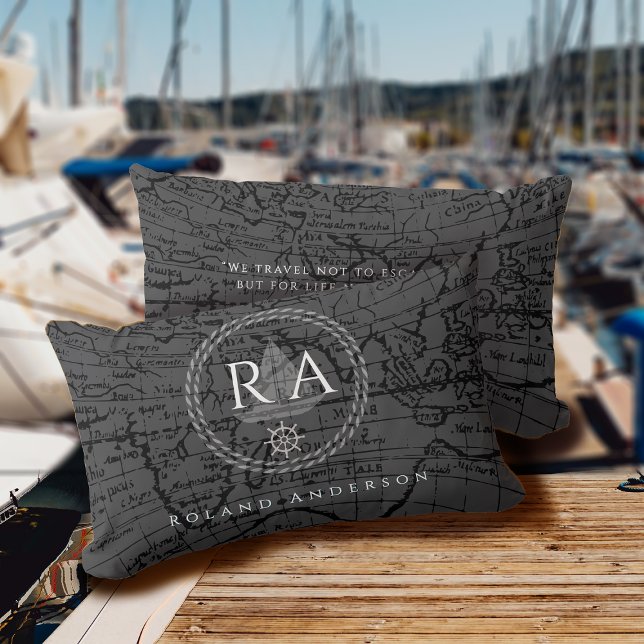 Nautical Rope Monogram Map Grey Lumbar Pillow (Nautical Map Traveller Monogram Dark Grey Accent Pillow .)