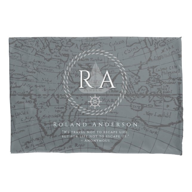Nautical Rope Monogram Map Grey Pillowcase (Front)