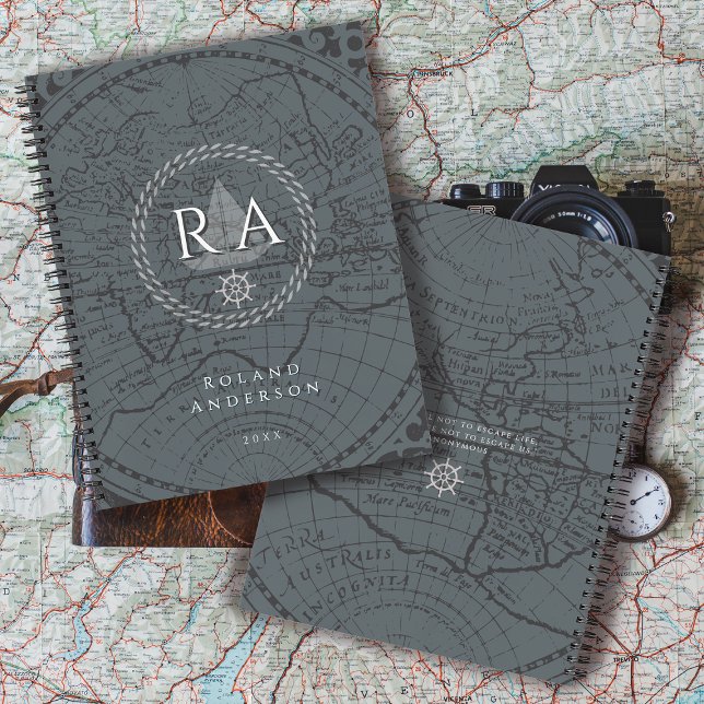 Nautical Rope Monogram Map Grey Planner (Nautical Map Monogram Traveller Grey Notebook.)