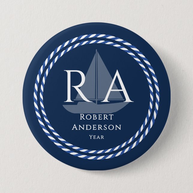 Nautical Rope Monogram Navy 3 Inch Round Button (Front)