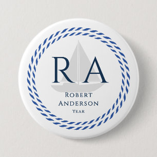 Nautical Rope Monogram White 3 Inch Round Button