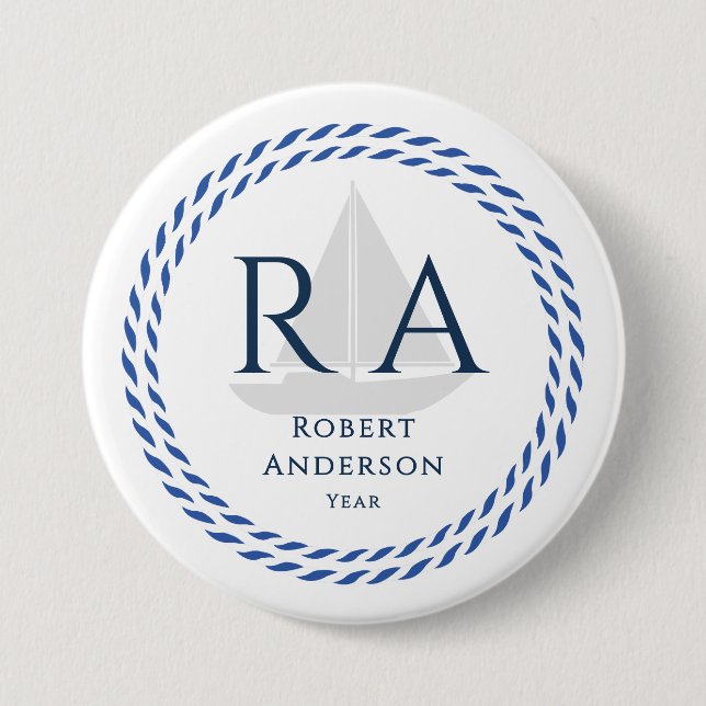 Nautical Rope Monogram White 3 Inch Round Button (Front)