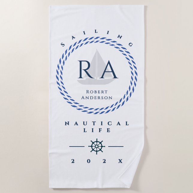 Nautical Rope Monogram White Beach Towel (Front)