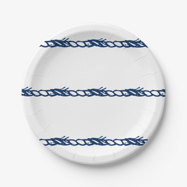 Nautical rope navy blue white pattern party paper plate (Front)