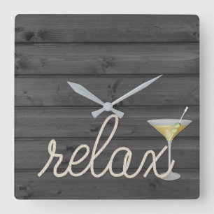 nautical rope on wood with martini and relax text square wall clock