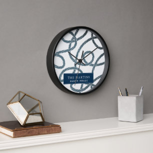 Nautical Rope Pattern White Navy Beach House Clock