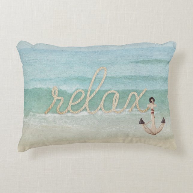 nautical rope relax text on ocean watercolor accent pillow (Front)