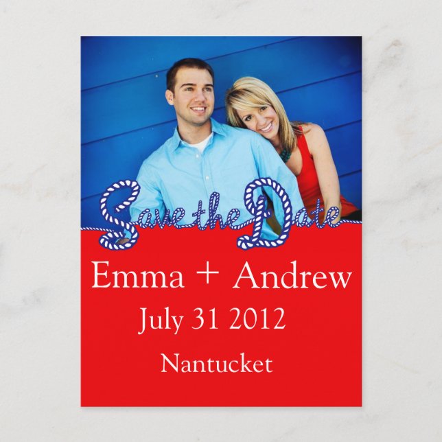 Nautical Rope Save the Date // Red & Navy Announcement Postcard (Front)
