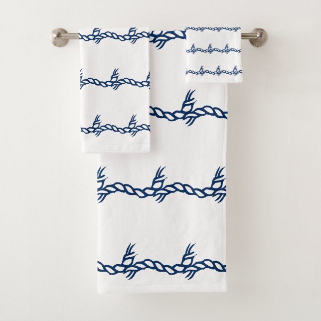 Nautical rope waves navy Blue white pattern Bath Towel Set (Insitu)