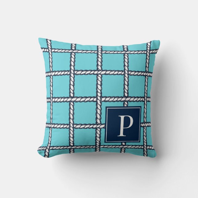 Nautical Rope Weave –  Turquoise Coastal Monogram Throw Pillow (Front)