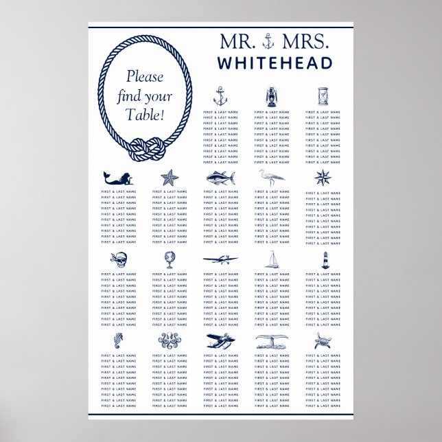 Nautical Rope Wedding Seating 18 Table Chart (Front)