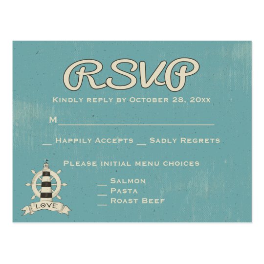 Nautical RSVP Blue Teal Lighthouse & Ship Wheel Postcard