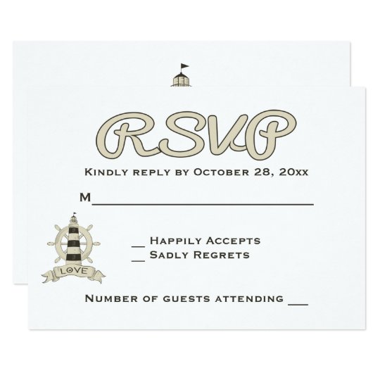 Nautical RSVP Tan Lighthouse & Ship Wheel Wedding Card