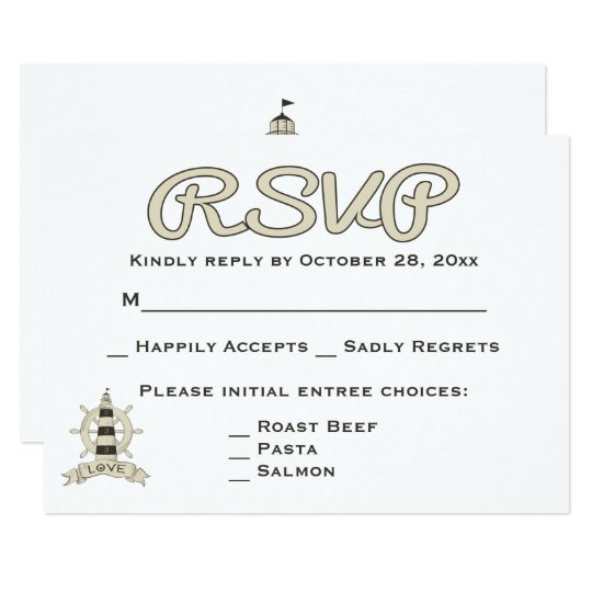 Nautical RSVP Tan Lighthouse & Ship Wheel Wedding Card