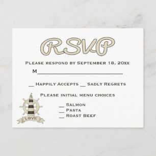 Nautical RSVP Tan Lighthouse & Ship Wheel Wedding Invitation Postcard