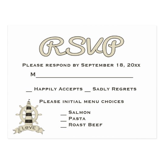 Nautical RSVP Tan Lighthouse & Ship Wheel Wedding Postcard