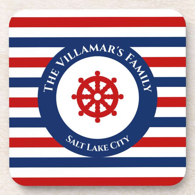 Nautical Rudder Navy Blue Red White Stripes Coaster (Front)