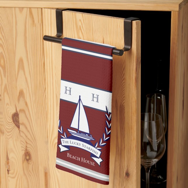 Nautical Rust Red Navy Blue Sailboat Monogram Name Kitchen Towel (Thirds Fold)