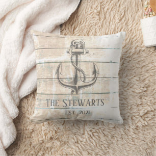 Nautical Rustic Wood Anchor Beach House Family   Throw Pillow