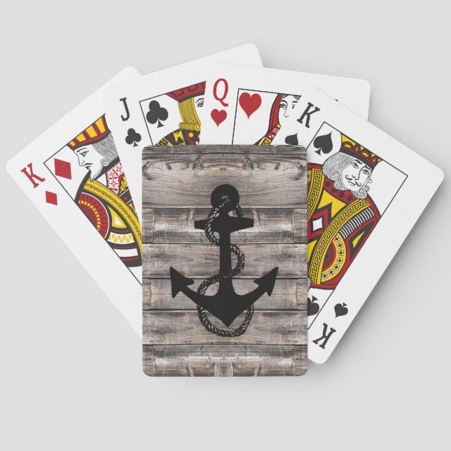 nautical rustic wooden ANCHOR + rope | Playing Cards (Back)