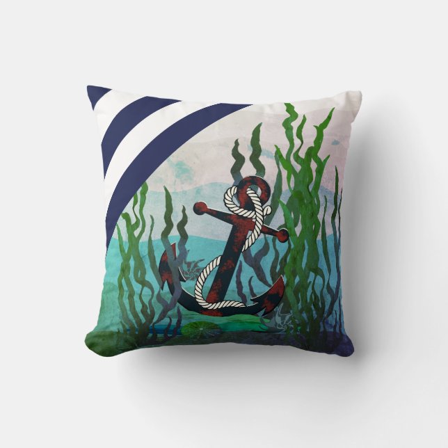 Nautical rusty black anchor/under seaweed/shells throw pillow (Front)