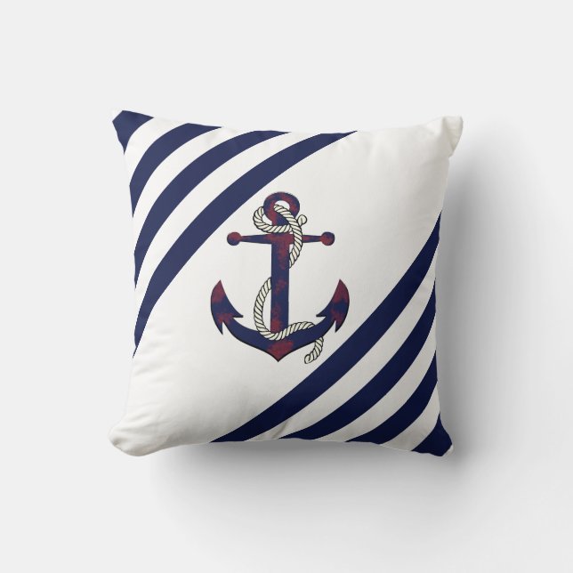 Nautical rusty blue anchor/rope/blue/white stripe throw pillow (Front)
