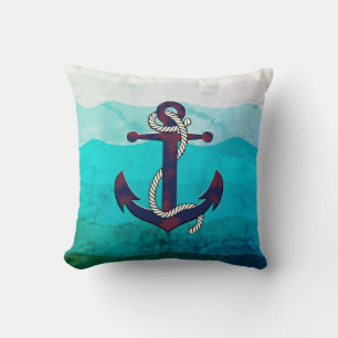 Nautical rusty blue anchor/rope/filter waves throw pillow