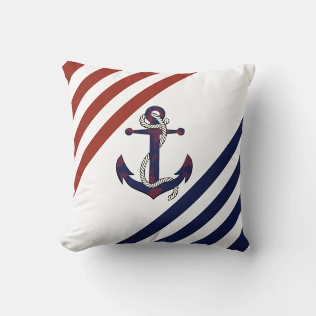 Nautical rusty blue anchor/rope/red/white stripe throw pillow (Front)