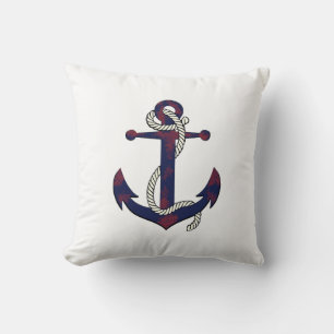 Nautical rusty blue anchor/rope/red/white throw pillow
