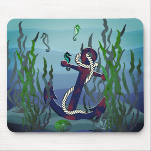 Nautical rusty blue anchor/seaweed/shell/seahorse mouse pad