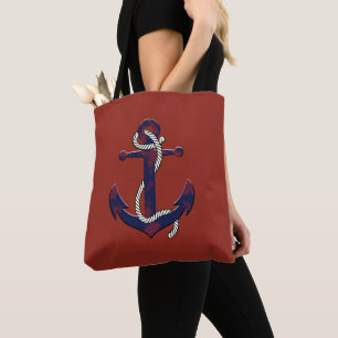Nautical rusty blue navy anchor and rope/red tote bag