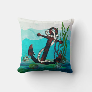 Nautical rusty grey anchor/sea/sea shells - aqua throw pillow