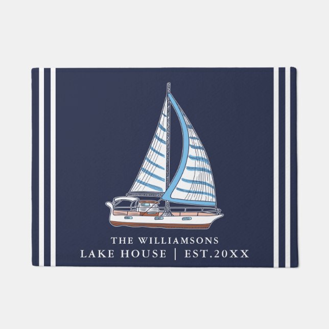 Nautical Sail Boat Navy Blue Custom Lake House  Doormat (Front)